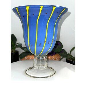 Handcrafted Blue & Yellow Striped Blown Art Glass Vase